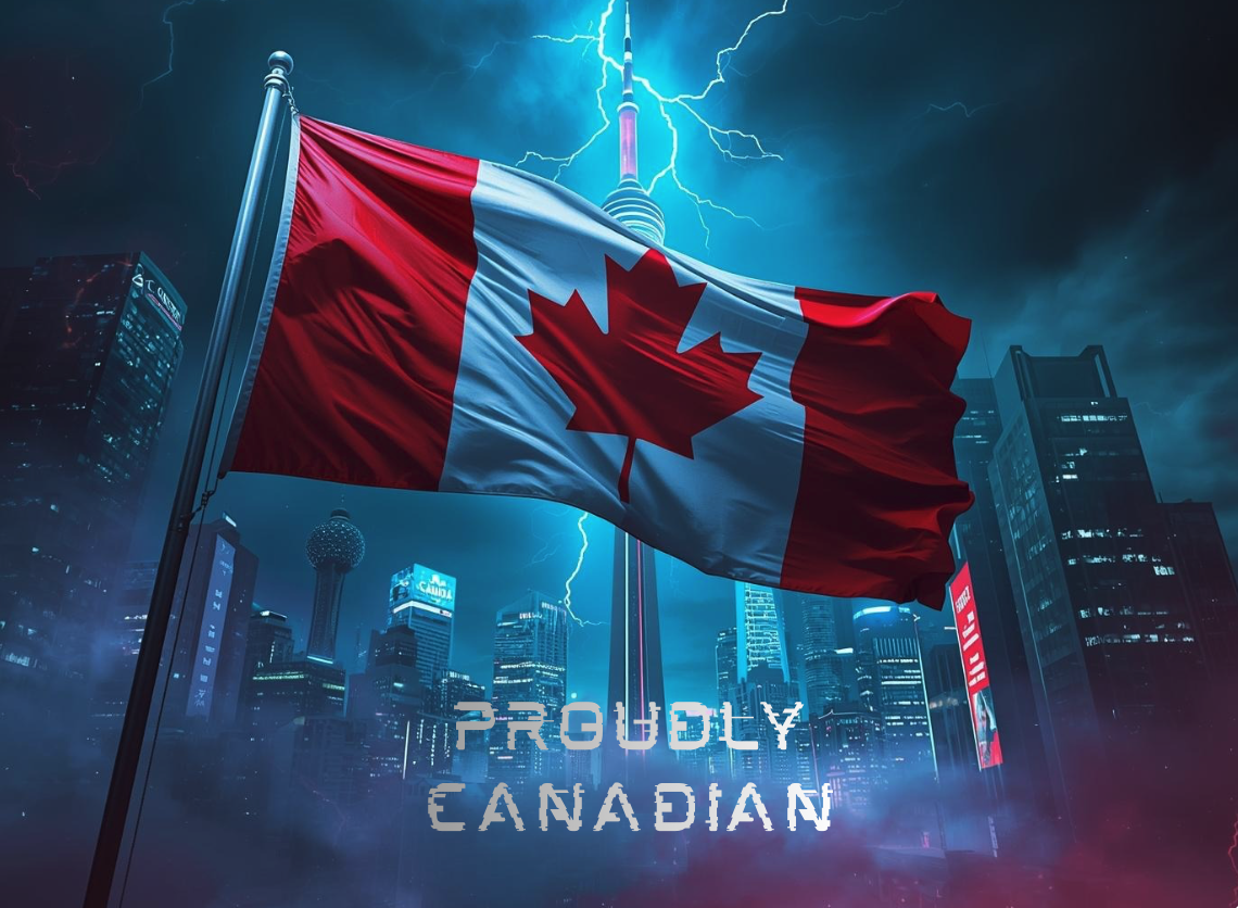 Proudly Canadian flag over Toronto skyline